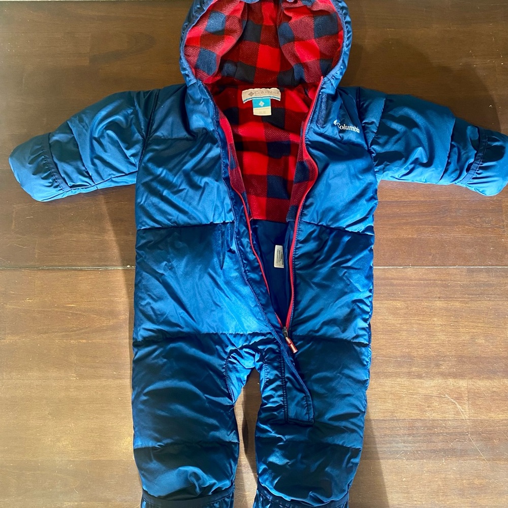 Columbia Navy Snowsuit Bunting with Red Plaid Lining